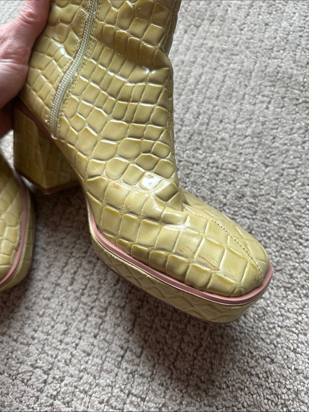 Urban Outfitters chunky chartreuse Bella Croc-Embossed Mid-Calf Block Heel Boots - Picture 6 of 13